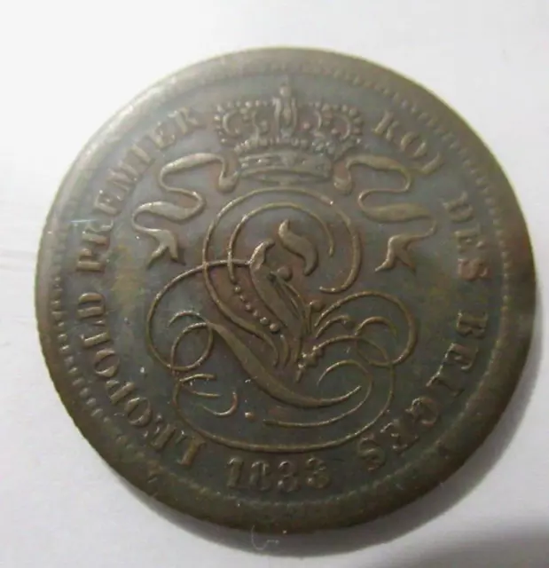 1833 Belgium 2 Cent Copper Coin, About UNC. , 3rd Year Since 1830 Independence