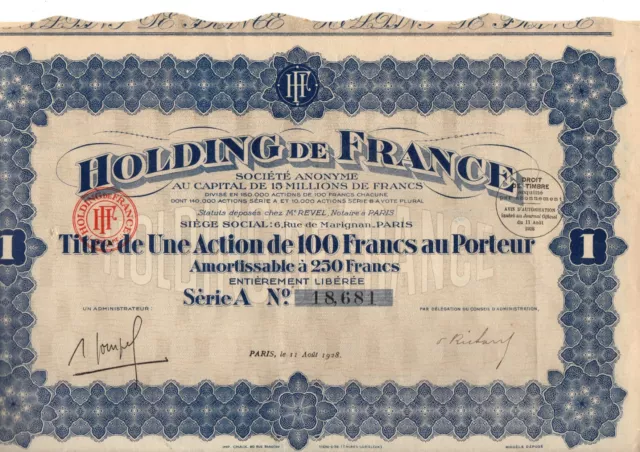Action Holding de France, 100 Francs de 1928 avec ses coupons