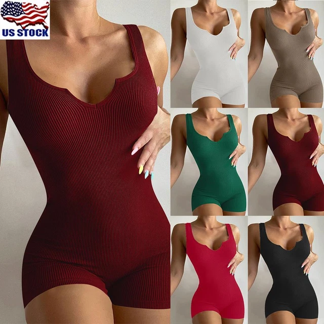 Womens Sexy Ribbed Sleeveless Romper Bodysuit Leotard Shorts Stretch Jumpsuit