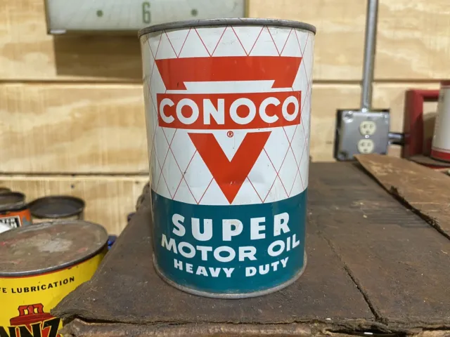 Conoco Super Heavy Duty Motor Oil Can 1 Qt Vintage Original NOS Full