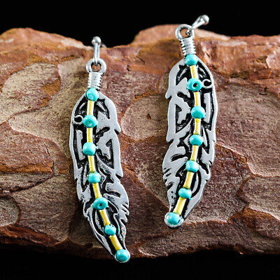 Antique Silver Feather Turquoise Bead Drop Dangle Hook Finished Earrings Bohemia