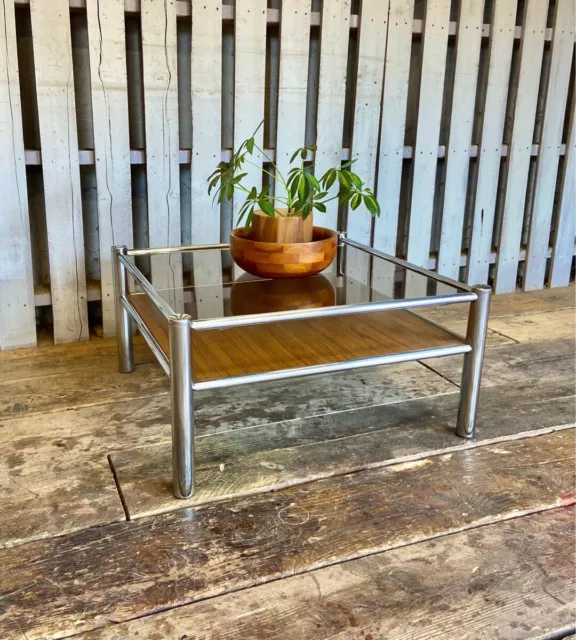 Smoked Glass Teak Chrome Coffee Table Magazine Shelf Vintage Retro Mid Century