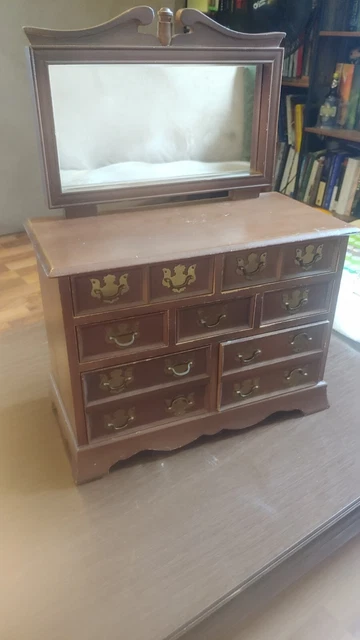 Vintage 9 Drawer Colonial Style Jewelry Chest; Brass Hardware, Working Music Box
