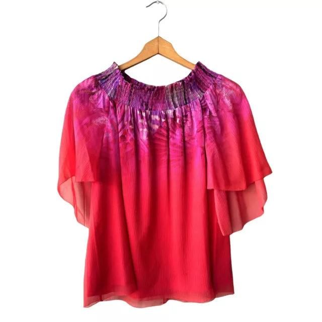 ELIE TAHARI 100% Silk Top Gypsy Multicolor Flutter Sleeve Smocked Blouse Small