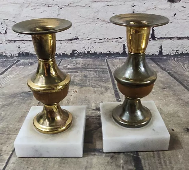 Vintage Mid Modern Pair of Wood Brass 5.5" Candle Holders with Marble Base