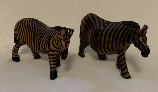 African Artisans Set Of 2 Wood Zebras Carved And Painted