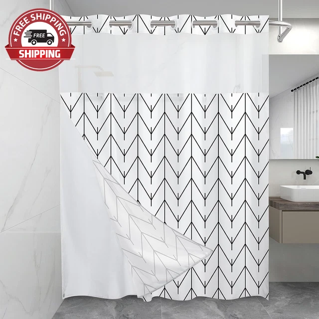 No Hook Geometric Striped Shower Curtain with Snap in Fabric Liner Set - Hotel S