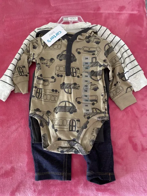 NEW Carters Baby Boy 4 Piece Outfit Size 3 Months Cars Grey Pants Long Sleeve