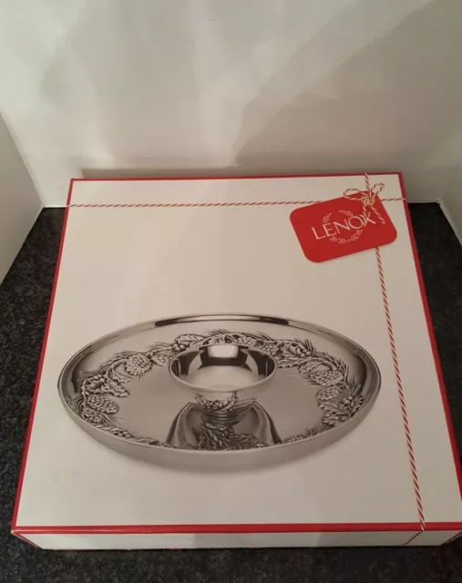 Lenox Holiday Pinecone & Holly Chip & Dip Set - Large 13.5" - Metal - New In Box