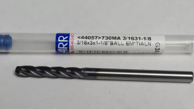 GARR 3/16" DIAMETER,1-1/8" LOC,3" OAL,4 FLUTE CARBIDE BALL END MILL,TiALN COATED
