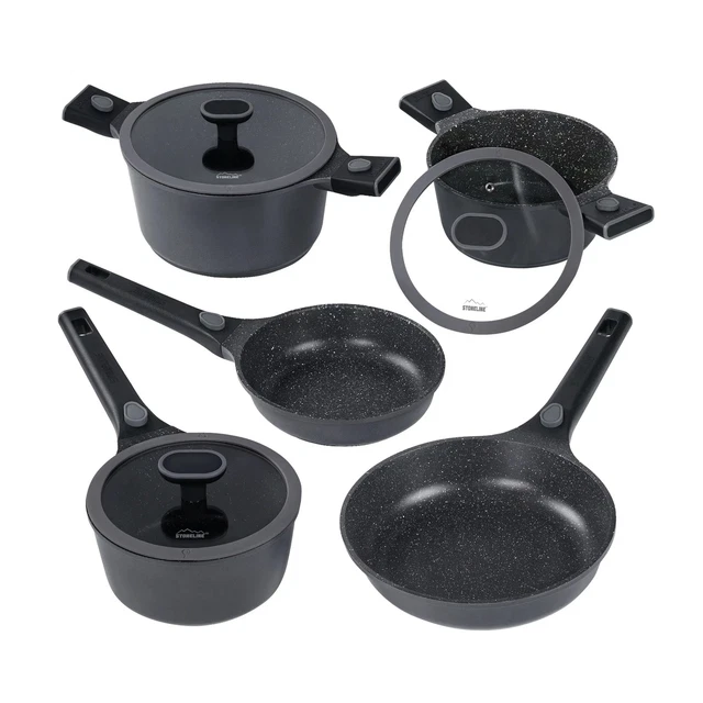 Set di pentole e padelle antiaderenti in alluminio da 9 pezzi, padella, casseruola, pentola per salsa con coperchio, compatibile con induzione, set da cucina con manici per rimanere freschi, verde