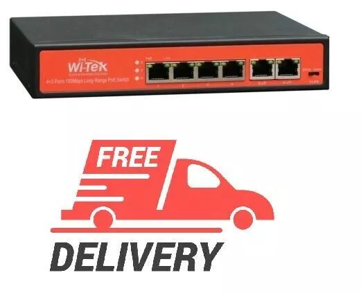 Conmutador profesional WiTek WI-PS205 PoE, 4x100Mbps PoE 250m, 2x100Mbps,...