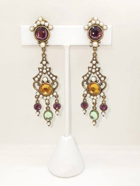 Ben Amun Vintage Cab Stone & Large Pearl Drop Earrings Purple Green Orange