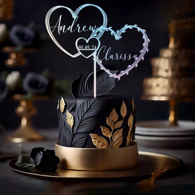 Custom Heart Shape Wooden & Mirror Acrylic Cake Topper Wedding Date & Name Decor 2