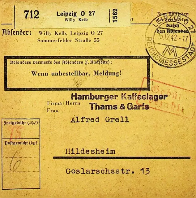 Deutschland 1942 WWII Gebuhr Bezahlt Paket Karte Leipzig REICH'S Decent