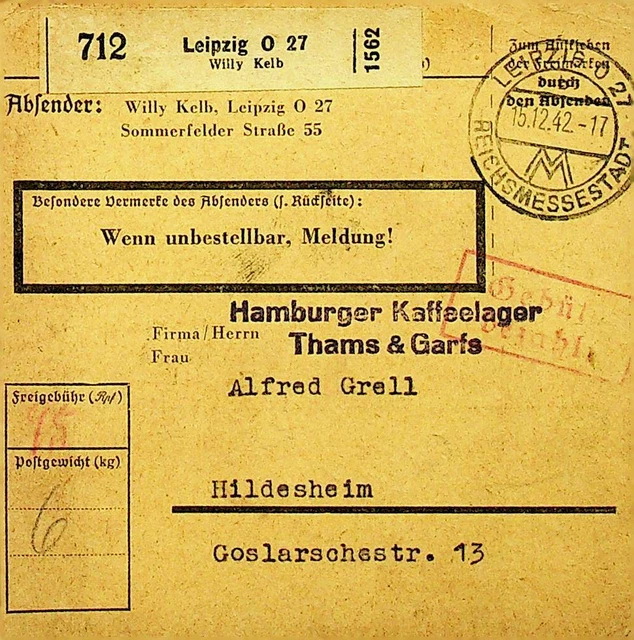 Deutschland 1942 WWII Gebuhr Bezahlt Paket Karte Leipzig REICH'S Decent