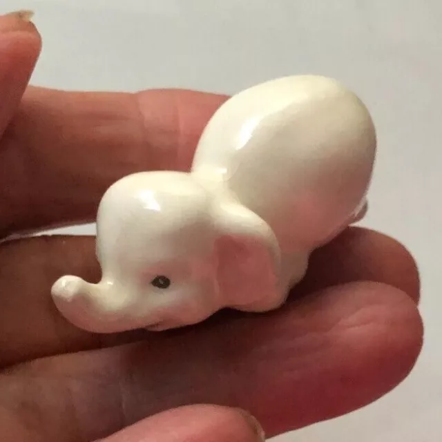 Vtg White Pink Laying Down Trunk Up ELEPHANT  Miniature Ceramic FIGURINE 1.75"
