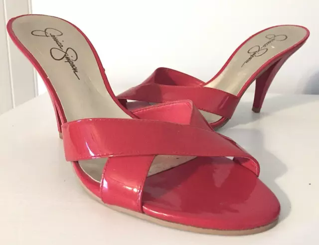 Jessica Simpson Women's Slide-On Sandals Shoes Red Patent 4" Heels Size 8?