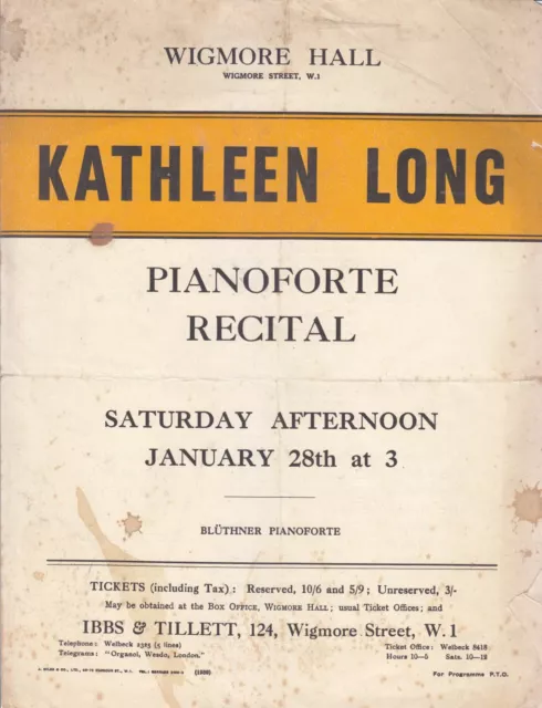 Concert Recital Programme 1939  Wigmore Hall Piano Kathleen Long