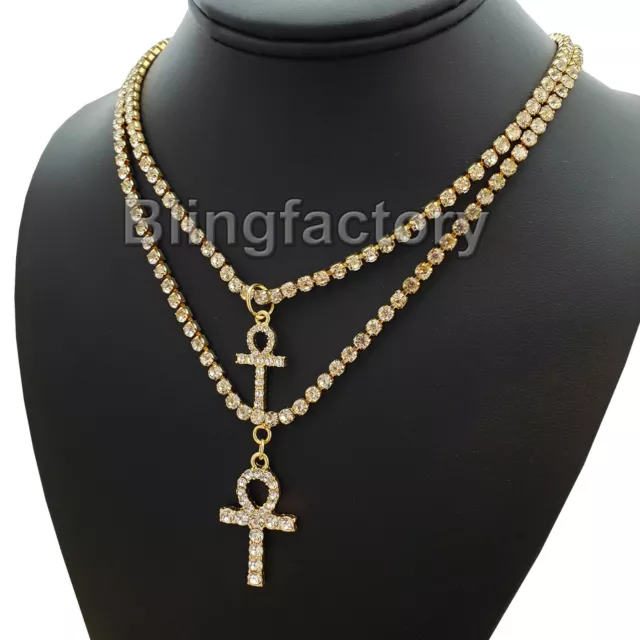 Iced Double Ankh Cross Bling Pendant & 3mm 16" & 18" 1 Row Tennis Chain Necklace