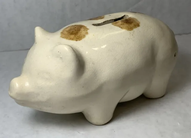Bennington Piggy Ceramic Bank, Cream With Brown Spots, Antique! Unique!