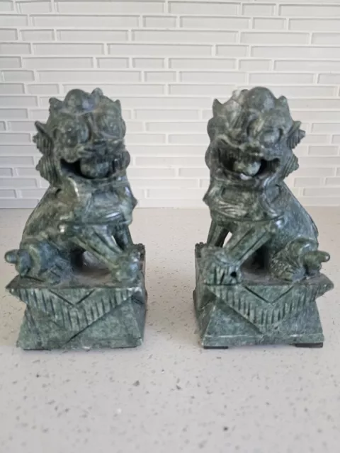 Chinese Jade Stone Carved Pair of Foo Dog Statues 6"×3"×2.5"