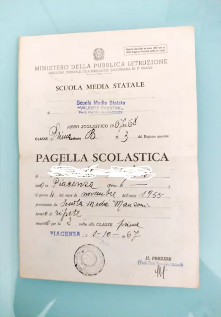 Pagella Scolastica - Scuola Media Manzoni - Piacenza - Anno 1967 68