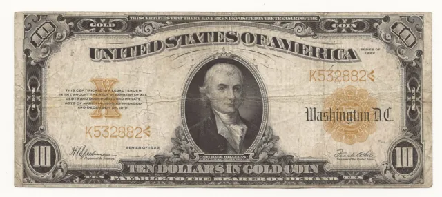 1922 $10 Dollar Bill Gold Certificate Awesome Large Size Note 882-OCLV