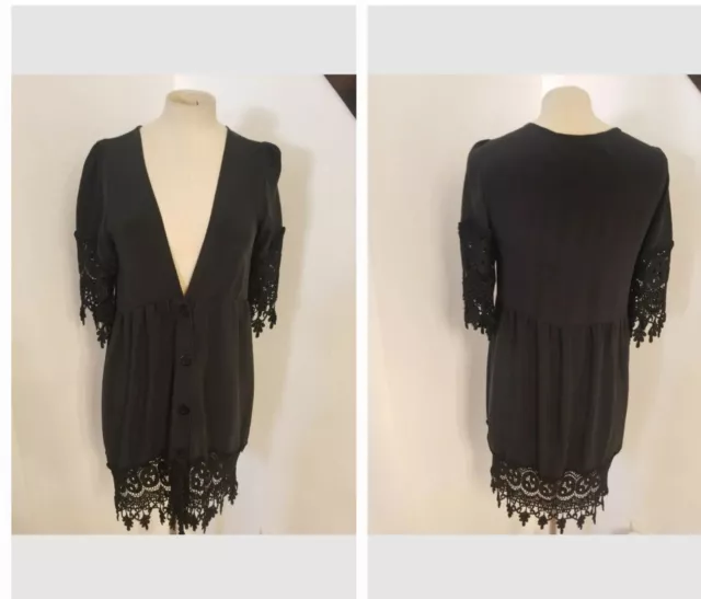 STONE COLD FOX SZ 2 Jade Dress Deep V Neck Button Up Crochet Trim Black Women's