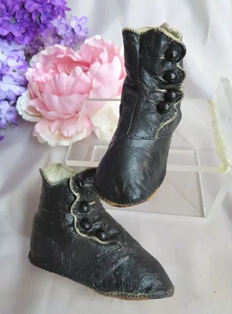 ANTIQUE Victorian child DOLL High TOP shoes BOOTS black LEATHER Button-up  4"