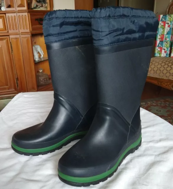 DRY & WARM Sz:4 LANDS END Youth Lined Rain Boots, Navy Blue/Green Accent UNISEX