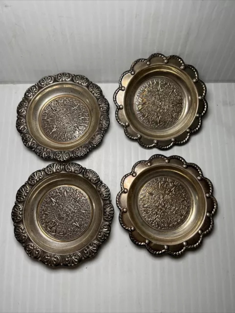 Set Of 4 Vintage Mexico 925 Sterling Silver Aztec Calendar miniature Dish Tray