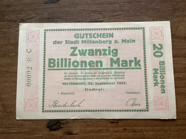 Original Zwanzig Billionen Mark 1923  Notgeld Gutschein der Stadt Miltenberg