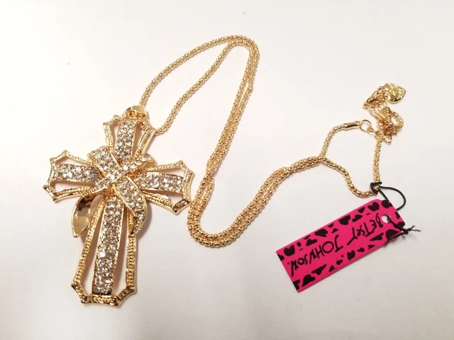 White Rhinestone Cross Bling Crystal Pendant Betsey Johnson Necklace