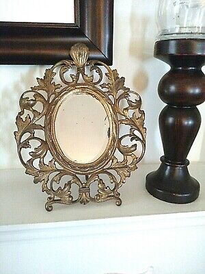 Antique Baroque Rococo Ornate Heavy Cast Iron Mirror/ Gilt Frame 11" x 8.5"