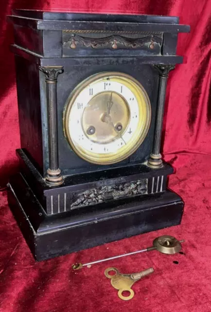 Nice French Antique Black Marble Striking Mantle Clock By 'Marti'