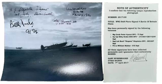 Ww2 Raf Battle Of Britain Photo Spitfire,Signed By 4 Pilots Of The Battle + Coa