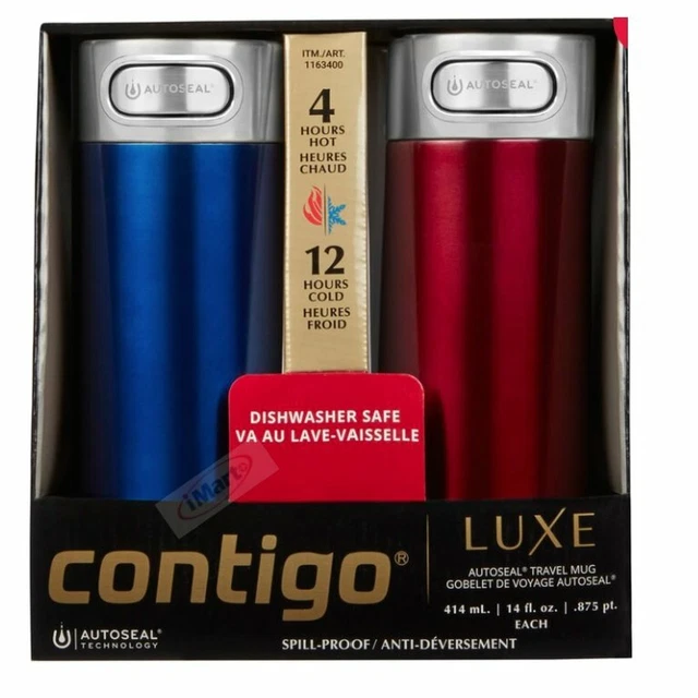 2 x Contigo Luxe Autoseal Travel Mug 414ml Coffee Flask BPA Free Thermos 14oz