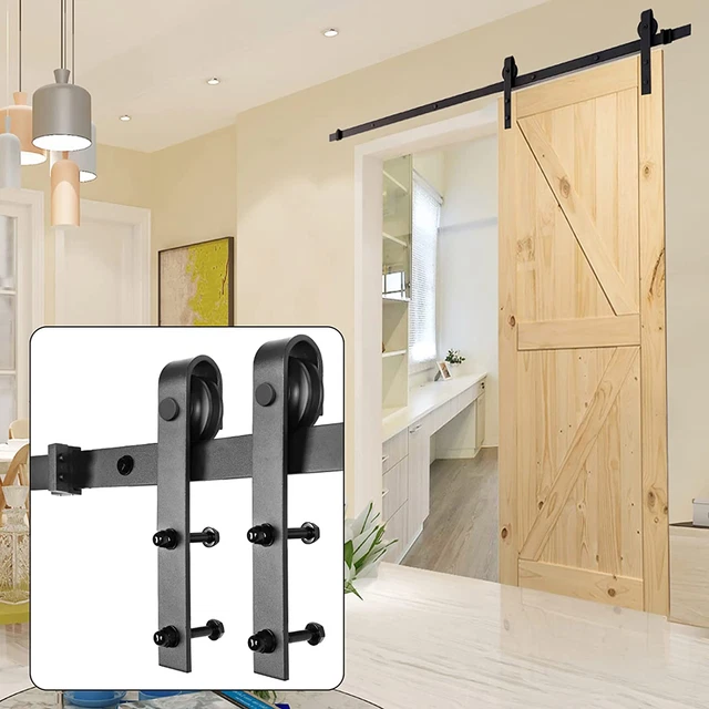 Sliding Wood Barn Door Hardware Roller Set Hardware Kit Big Black Wheel 6.6 FT
