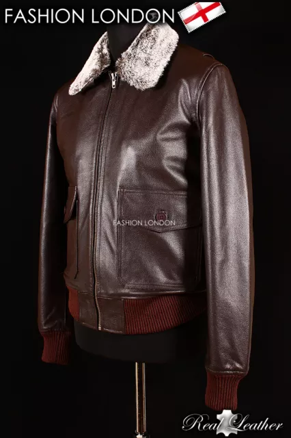 'BOSTON' Men's Brown Fur Collar Aviator Bomber Real Nappa Leather Jacket