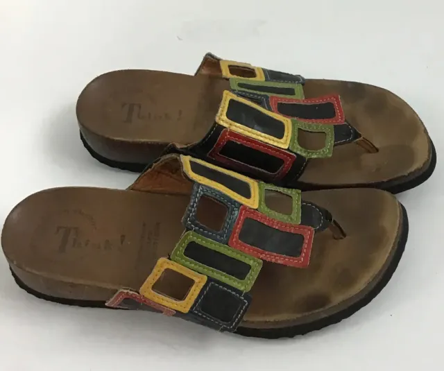Think! Sandals Womens 37/ 6Slip On Thong Rectangle Square Colorful Leather Strap
