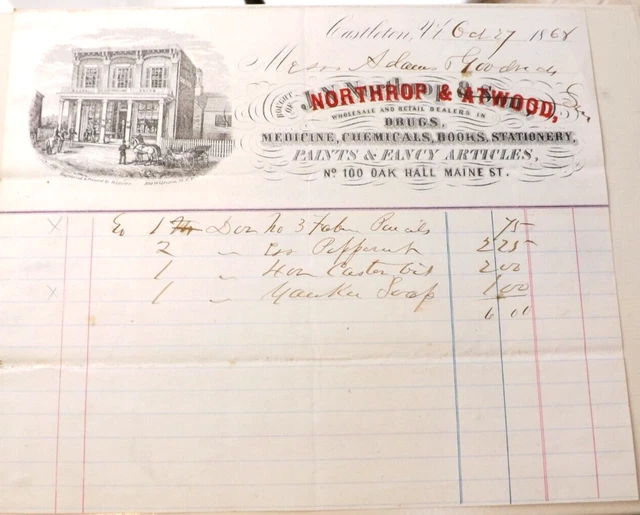 RARE 1862 BILLHEAD NORTHROP & ATWOOD DRUGS BOOKS midget  OAK HALL CASTLETON VT