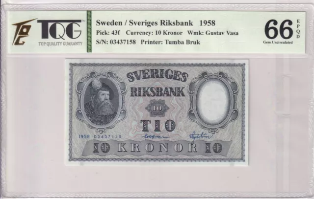 1958  Sweden 10 Kronor Pick#43f  66  EPQ Gem UNC