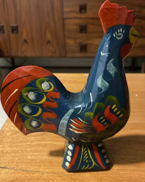 Vintage Colourful Swedish Nils Olsson Wood Dala Rooster Hand Carved/Painted 6.5”