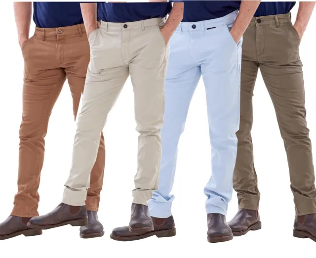 Mens Slim Fit Trousers Cotton Chinos Casual Wear Fly Zip Regular Blue Pants