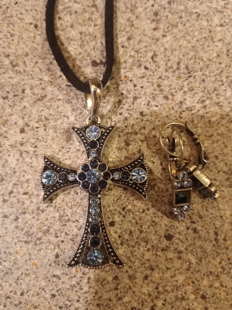 Lia Sophia silver cross pendant with blue stones & matching earrings