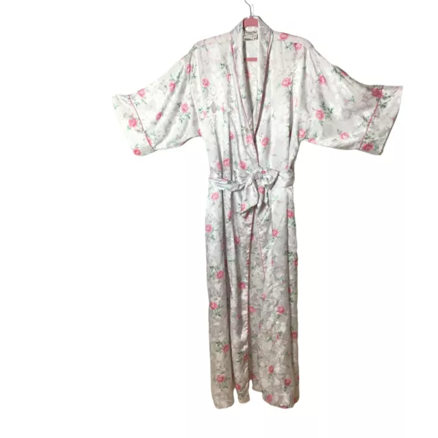 Vintage Christian Dior M Rose Floral Robe Satin Ivory Kimono Pockets Cottage 80s