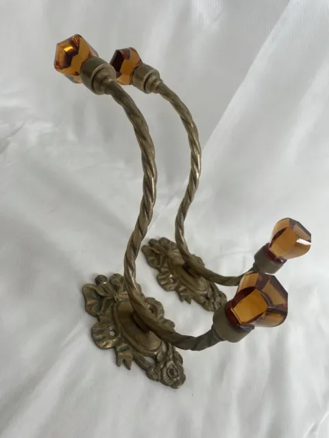 Pair 2 Antique Victorian Ornate Amber Glass Brass Hook Coat Hanger Wall Hardware 8