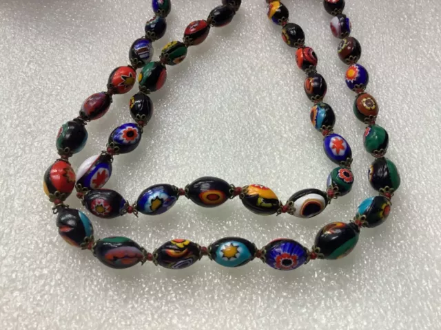 Vintage Venetian Murano Millefiori Bead Necklace Black Oval 30 Inches Hand Knot