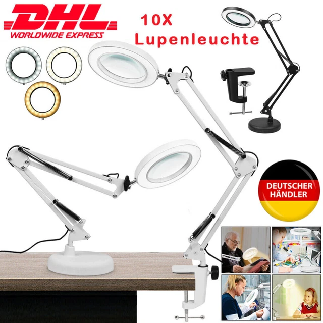 Lente di ingrandimento con luce e supporto, lampada di ingrandimento 10x lente di ingrandimento da scrivania 2 in 1